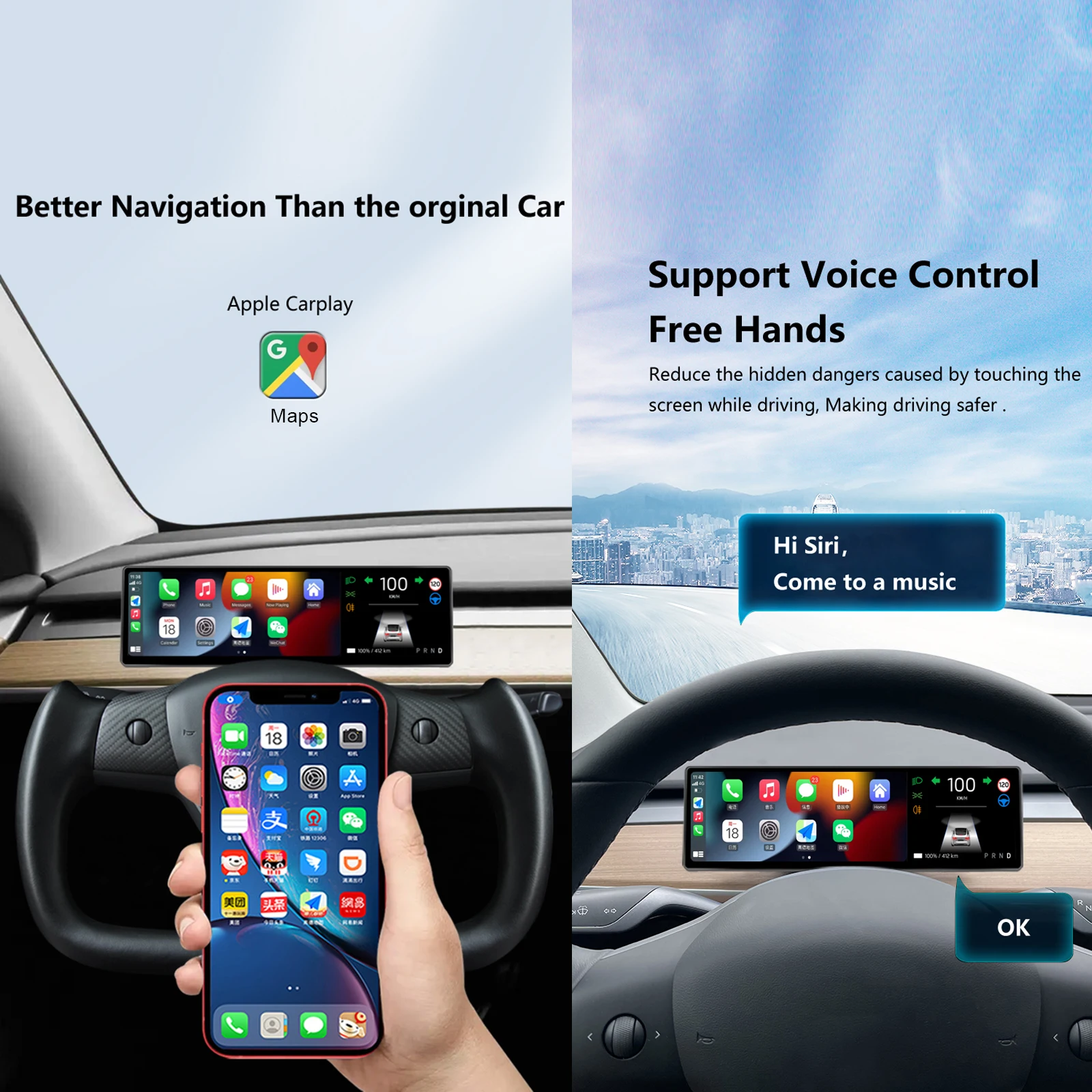 For Tesla Model 3 Y Heads Up Display 8.8 Inch Linux OS Digital Center Console Dashboard Support Wireless CarPlay Android Auto