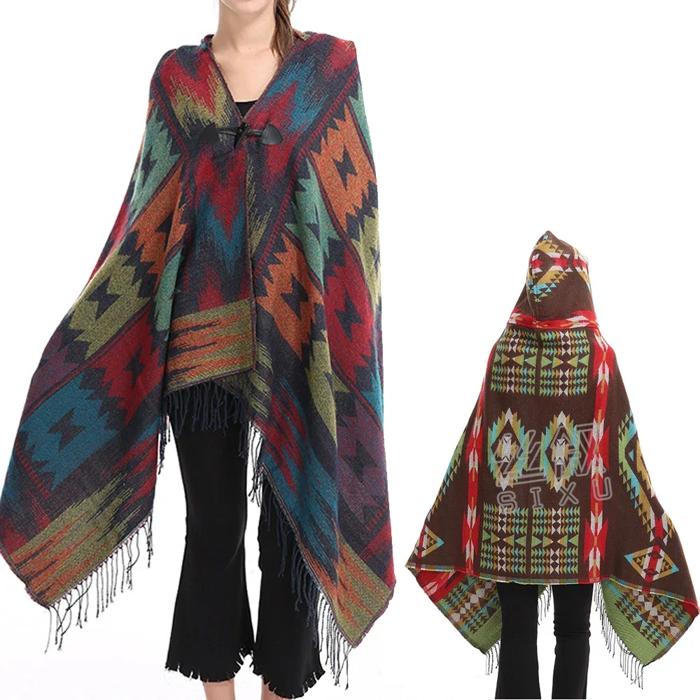 Women's Vintage Winter Warm Plaid Tassel Detail Hooded Poncho Cape Scarf Shawl Wrap Wild Female Knitted Soft Thick Blanket 2020 new women scarf magic shawl scarf female elegant chale echarpe mujer chal bufanda vrouw grace sjaal frau pop schal