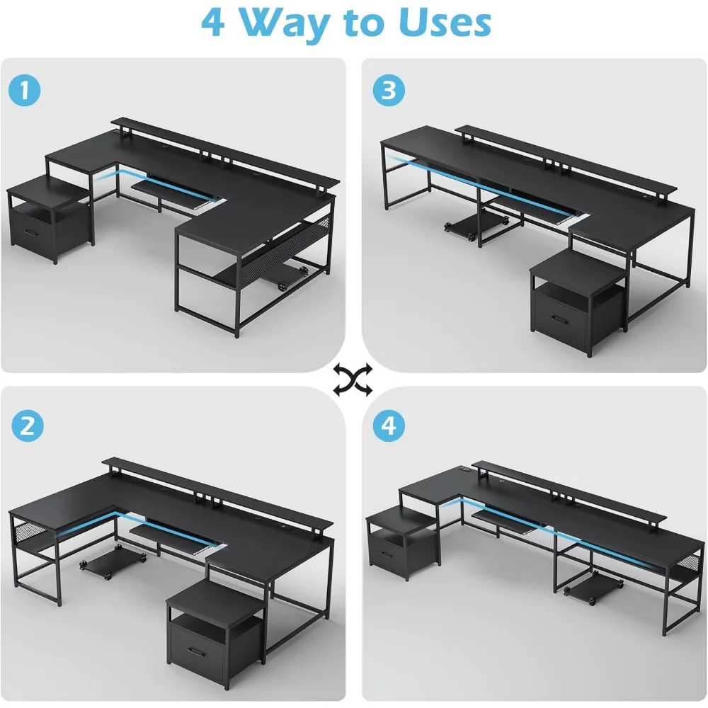 U Shaped Desk, Reversible L Shaped, Home Office, File Drawer, Power Outlet, 101.5" Computer Desk, Two Person, Monitor Shelf 4