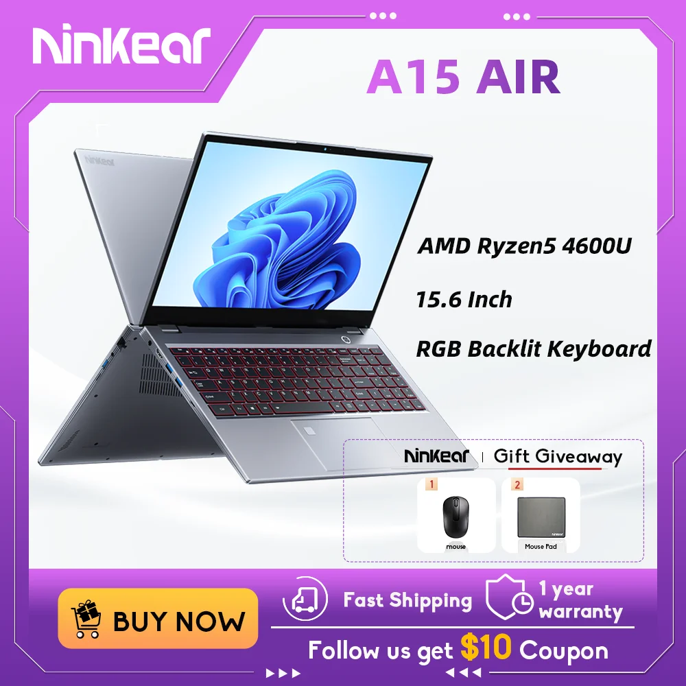 

Ninkear Laptop A15 Air 15.6" FHD IPS 16GB DDR4 512GB SSD AMD Ryzen5 4600U Fingerprint Unlock Backlit Keyboard Windows 11