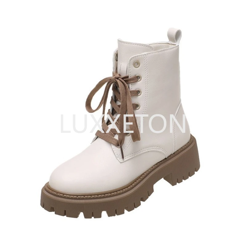 

Женские кожаные ботинки на платформе, спортивные однотонные ботильоны на резиновой подошве, 2023