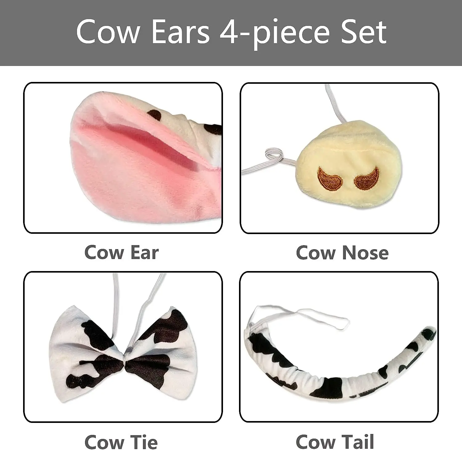 PESENAR
Costume da animale Set da 4 pezzi Orecchie da mucca Fascia per capelli Naso Papillon e coda Accessori per vestire Halloween Cosplay per feste - immagine 2