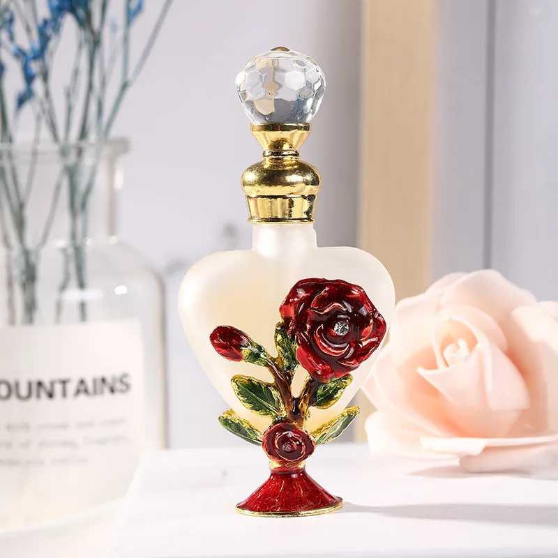 Vintage Elegant Fine Embossed Rose Enameled Large Heart 12ml Essential Oil Perfume Bottle