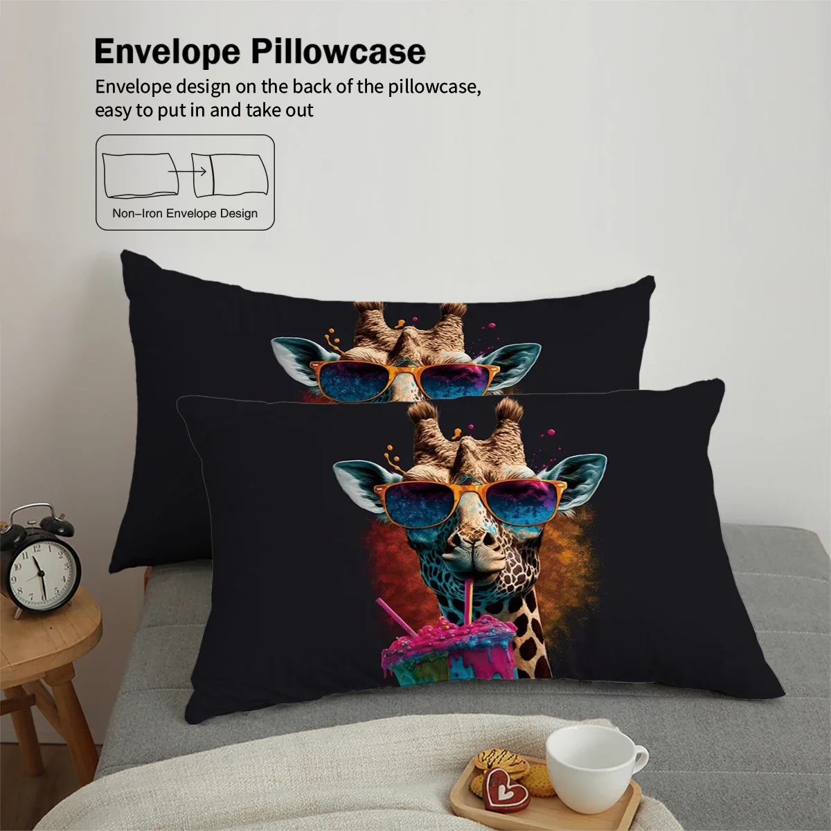 3-piece down duvet cover set with rock animal giraffe cat pattern print (1 duvet cover+2 pillowcases, no core) bedding set