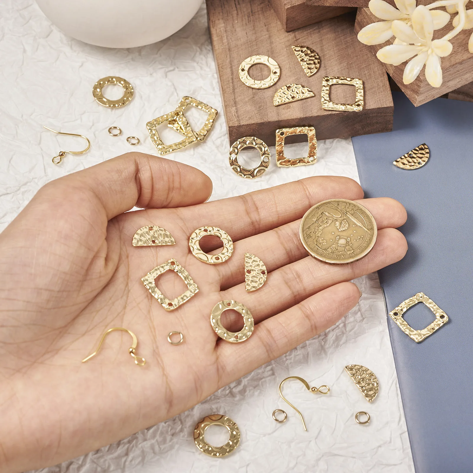 기하학 귀걸이 제작 키트, 반지 마름모 하프 라운드 합금 커넥터 참, DIY 쥬얼리 제작, 수제 선물 찾기, 1 박스