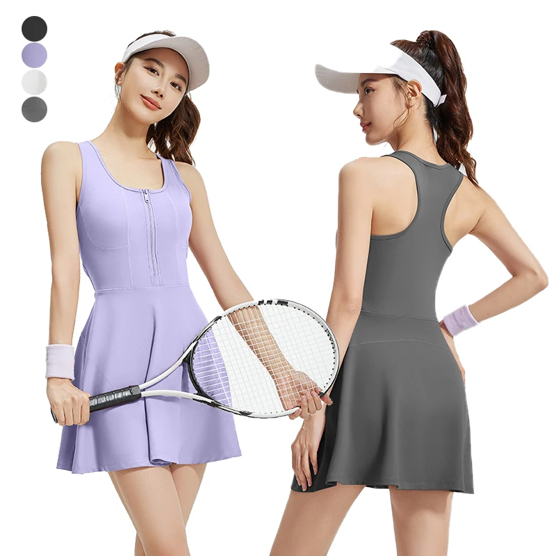 Women One Piece Dress Half Zipper Tennis Skirt Running Fitness Frock Women Casual Workout Badminton Dress Sports Skorts
