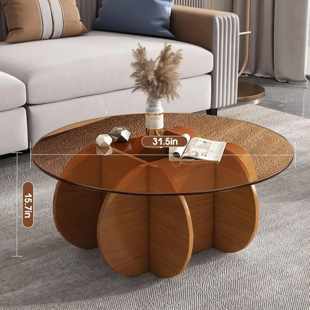 Modern Round Coffee Table 31.5'' Glass Coffee Tables Rustic Circle Center Cocktail Table 6