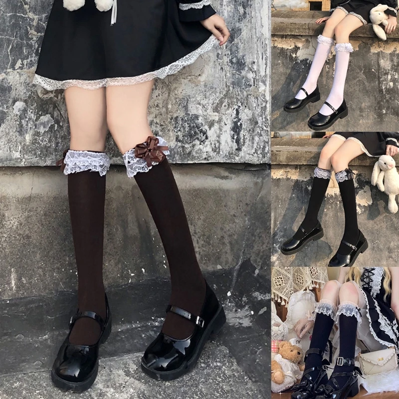 

Women Girls Sweet Black White Knee High Socks Bowknot Ruffled Frilly Lace Trim Japanese Student Cotton Stockings