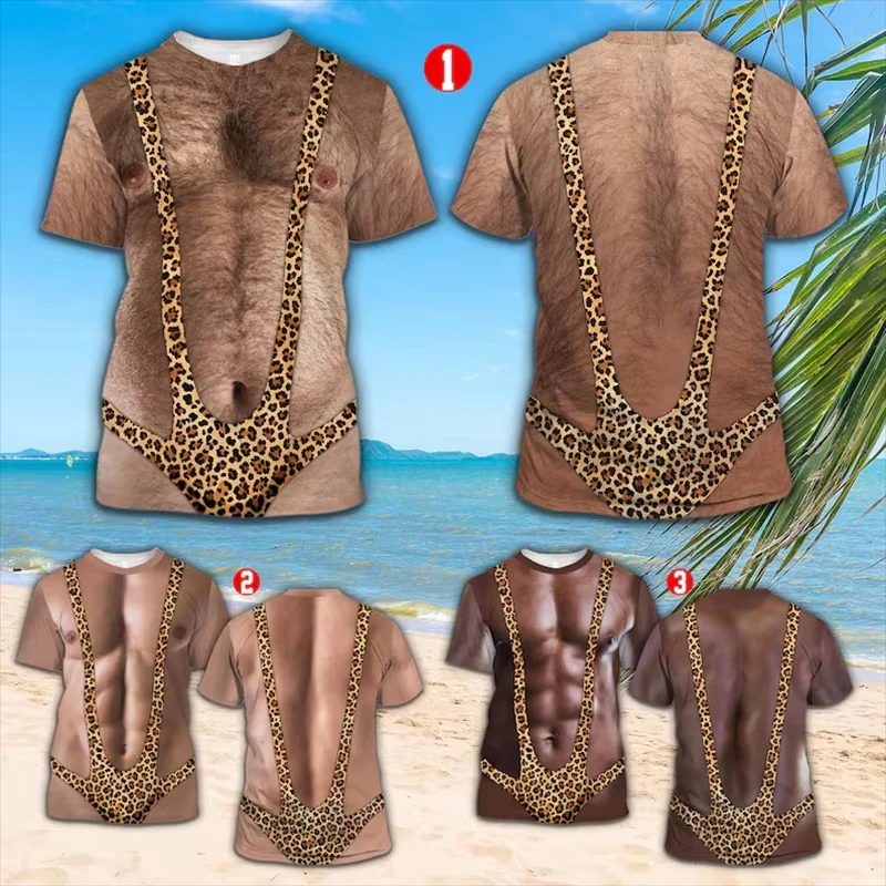 Unisex Lustiges 3D-Optik-Illusions-T-Shirt, Falscher Leoparden-Mankini-Druck, Neuartiges Humor-Oberteil mit kurzen Ärmeln für Strand-Scherze für Männer und Frauen