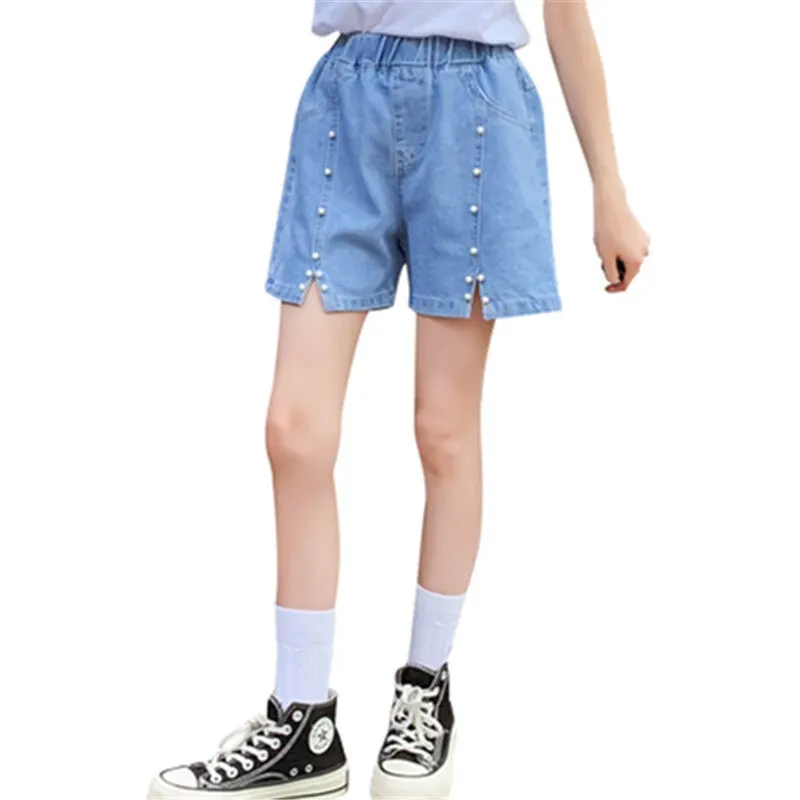 

2023 Girls Denim Shorts Teenage Summer Pearl Pants Kids Fashion Clothes Children Solid Color New Arrivals Jeans Shorts 5-14Years