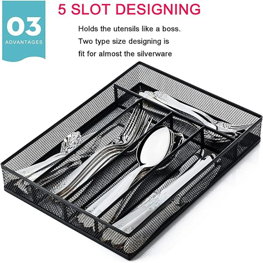 Simple flat Cutlery Storage Box, Mesh Draining Drawer Cutlery Box, Metal Kitchen Restaurant Knife and Fork Storage Basket. 5