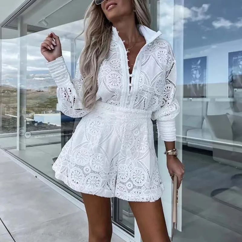 

Женский комплект с кружевными шортами, летний ажурный комплект из однобортной рубашки с воротником-стойкой и длинным рукавом и коротких брюк