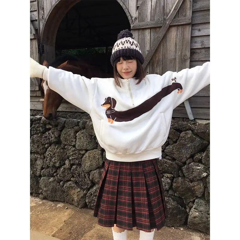 

2023 New Autumn and Winter Tops for Women, Retro Trendy Loose and Versatile Dog Plus Velvet Warm Half-zip Sweatshirt for Women