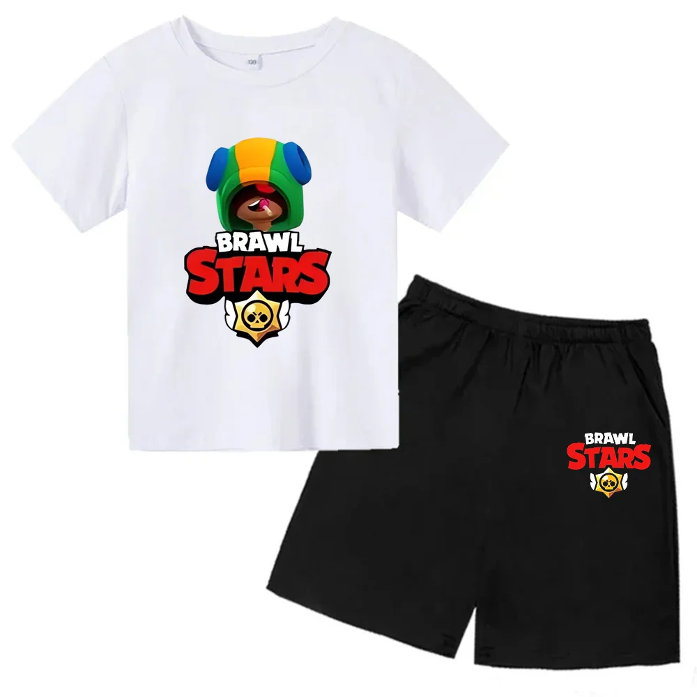 thumbnail image 1 of Conjunto de 2 camisetas y pantalones de manga corta con cuello redondo y estrellas para niños de 3 a 13 años, ropa para niños y niñas, 1 of 5