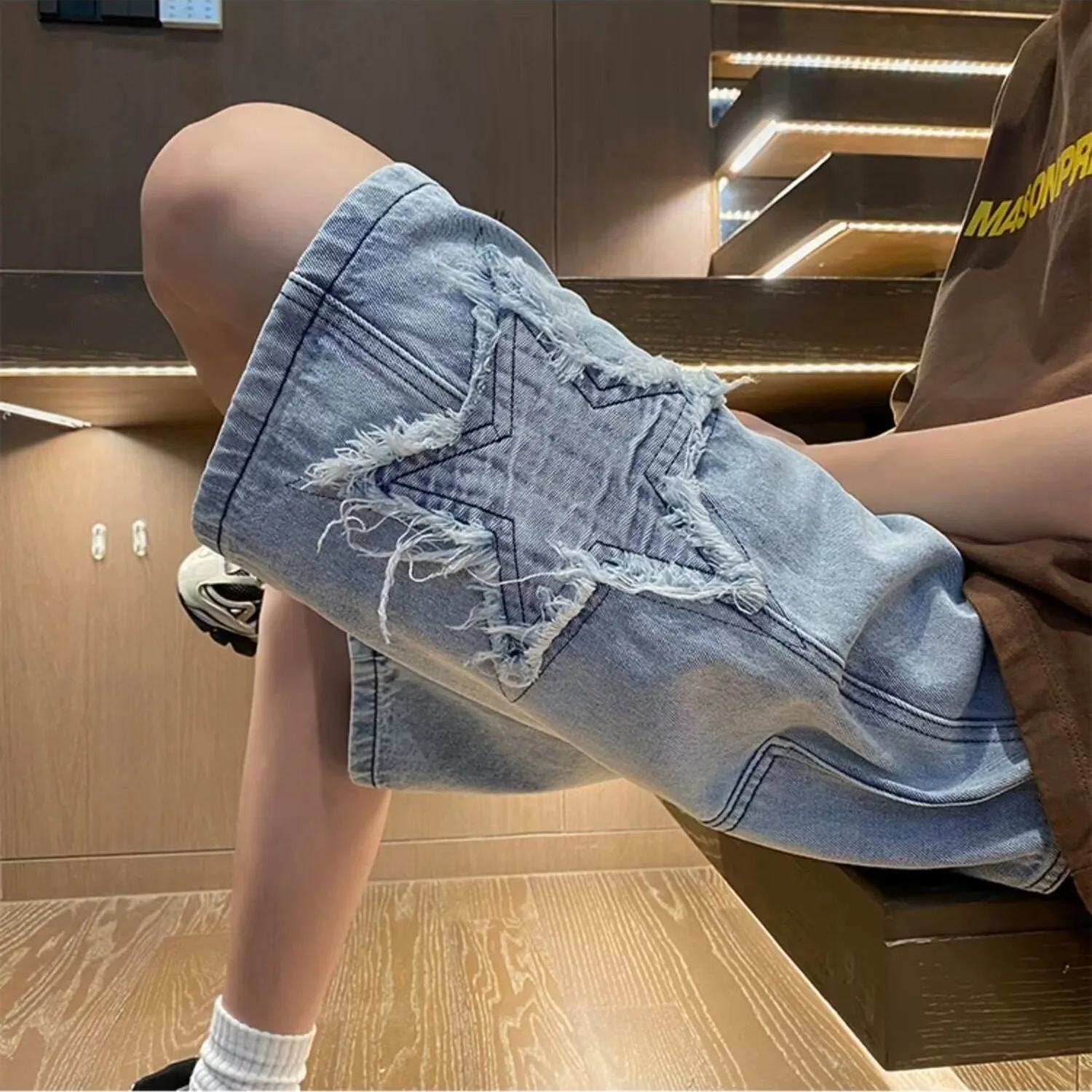 Star Patchwork Yellow Clay Color Jeans Summer Men Denim Shorts Trendy Streetwear Five-point Pants Straight Jeans Shorts men jeans denim pants denim shorts summer jeans shorts