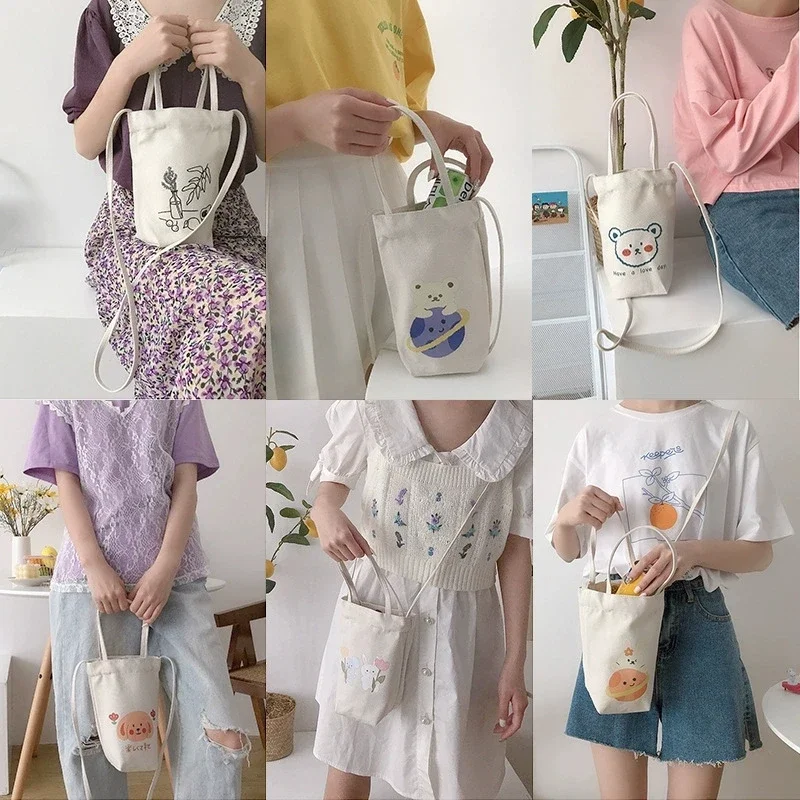 Canvas Bucket Small Tote Bag, Cute Cartoon Mini Crossbody Bags for Women Girls Carrying, Kettle, Water Cup, Umbrella, Phone Bag