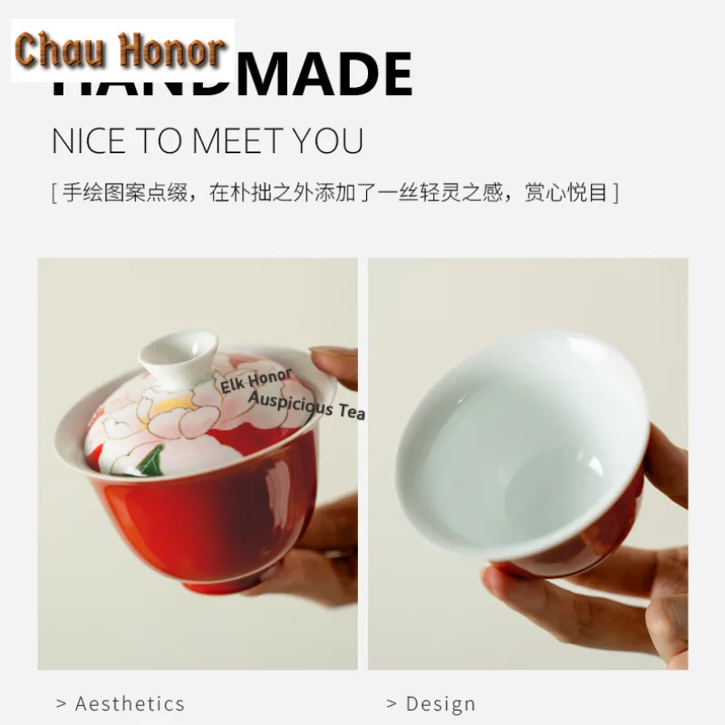 120ml Hand-painted Butterfly Peony Red Gaiwan Vintage Tea Tureen Household Tea Bowl With Lid Kit Tea Brewing Cover Bowl Teaware
