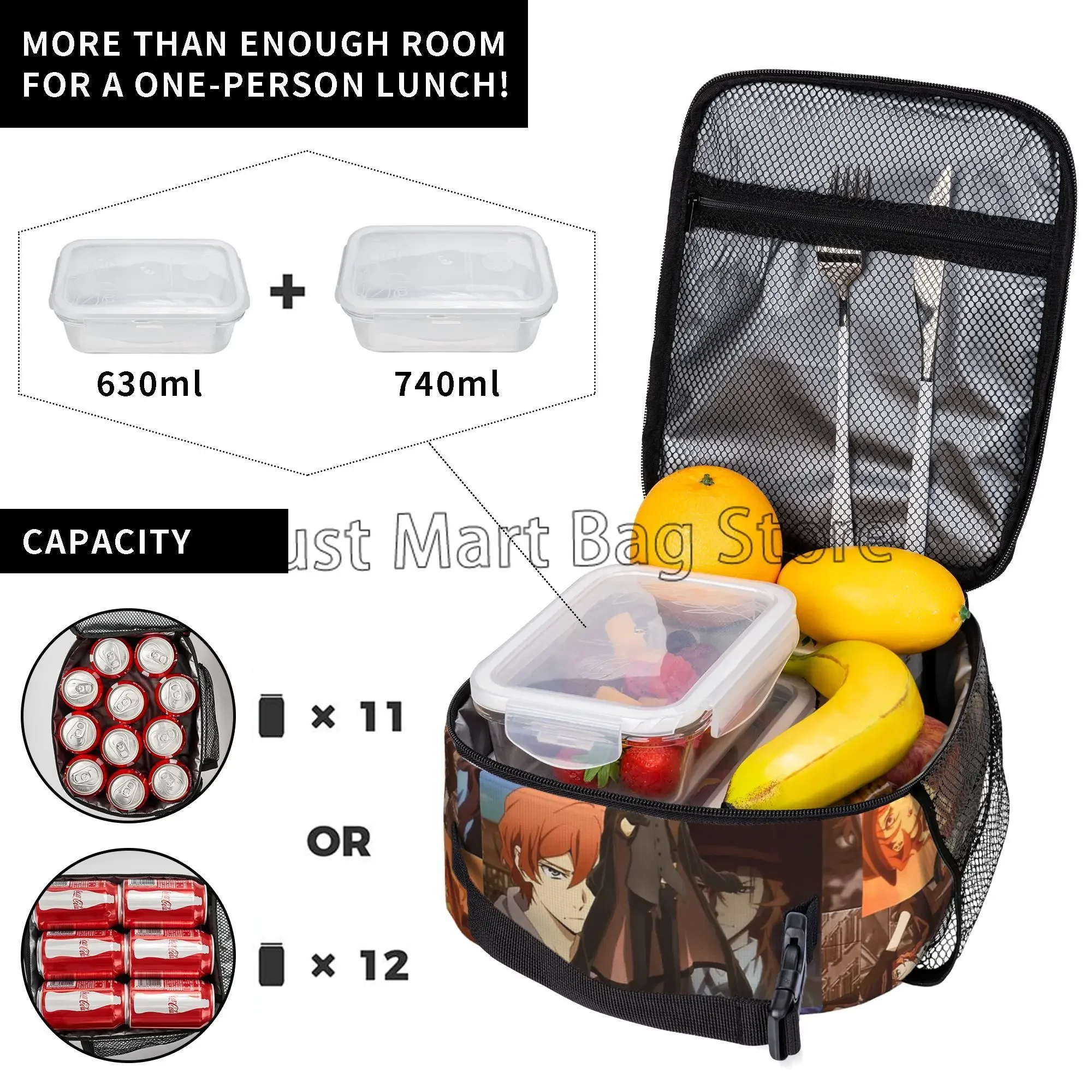 Bungou Stray Dogs Nakajima Atsushi TV Series Chuuya Nakahara Insulated Lunch Bag Reusable Portable Thermal Lunch Box Bento Tote