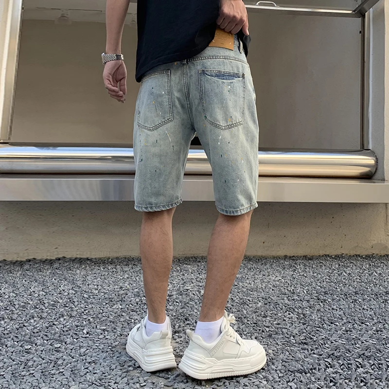 New High-End Retro Washed Splashed Denim Shorts Men Straight Trendy Embroidery Versatile Wear-Resistant Hole Torn Denim Capris