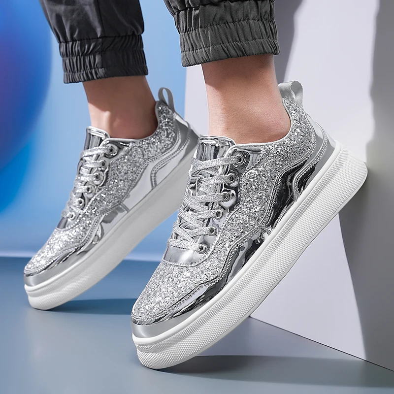 골든 실버리 샤이니 럭셔리 디자이너 남성용 캐주얼 스케이트보드 스니커즈 플랫폼 글리터 스타일리시 여성용 스포츠 슈즈