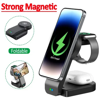 3 In 1 Magnetic Wireless Charger Stand Pad Foldable Fast Charging Station Dock For iPhone 15 14 13 12 Pro Max IWatch 8 7 Airpods 1