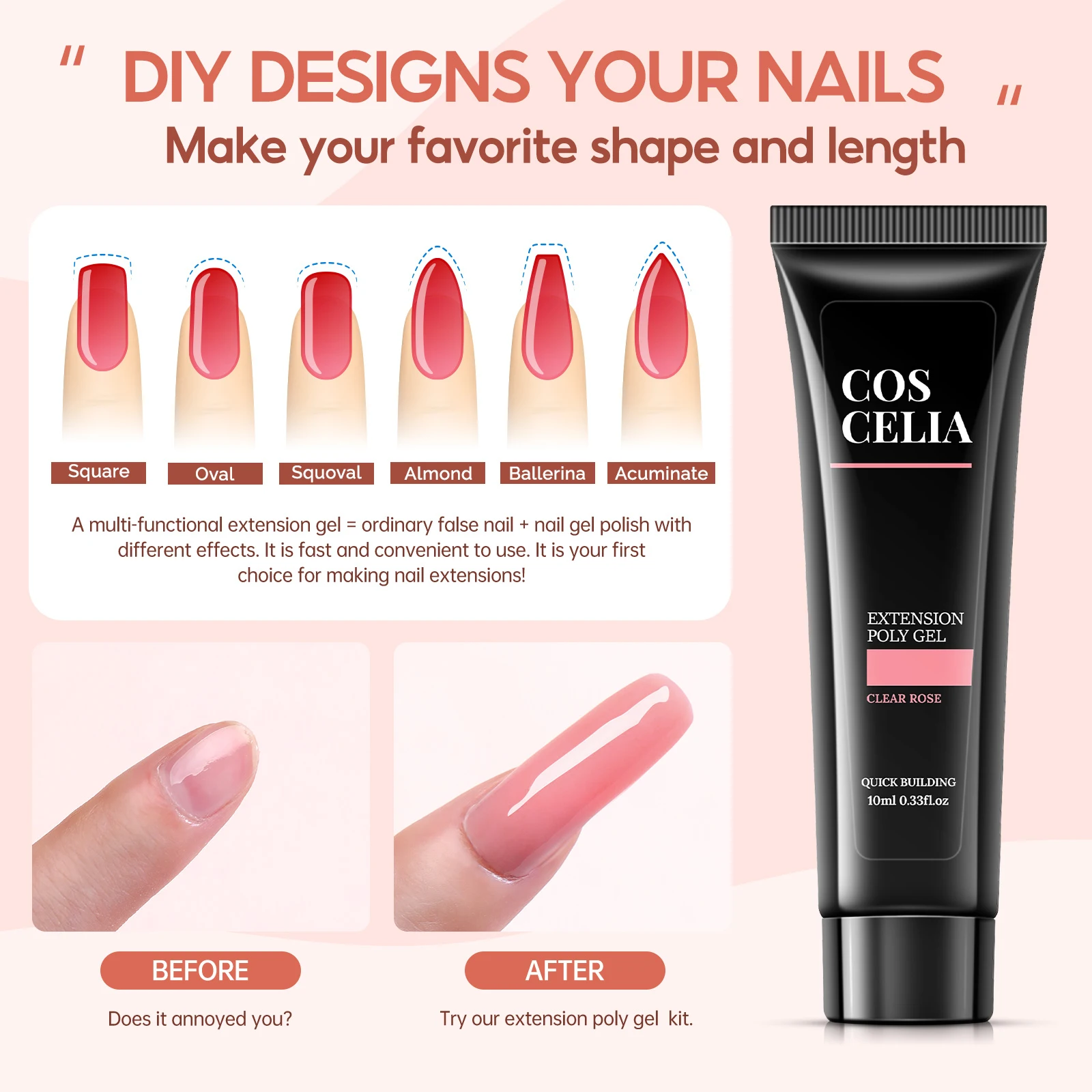 Coscelia Nail Gel Set Full Manicure Kit with 6W Nail Lamp 8PCS 10ML Poly Extension Gel Quick Extension Nail Kit Tools 2