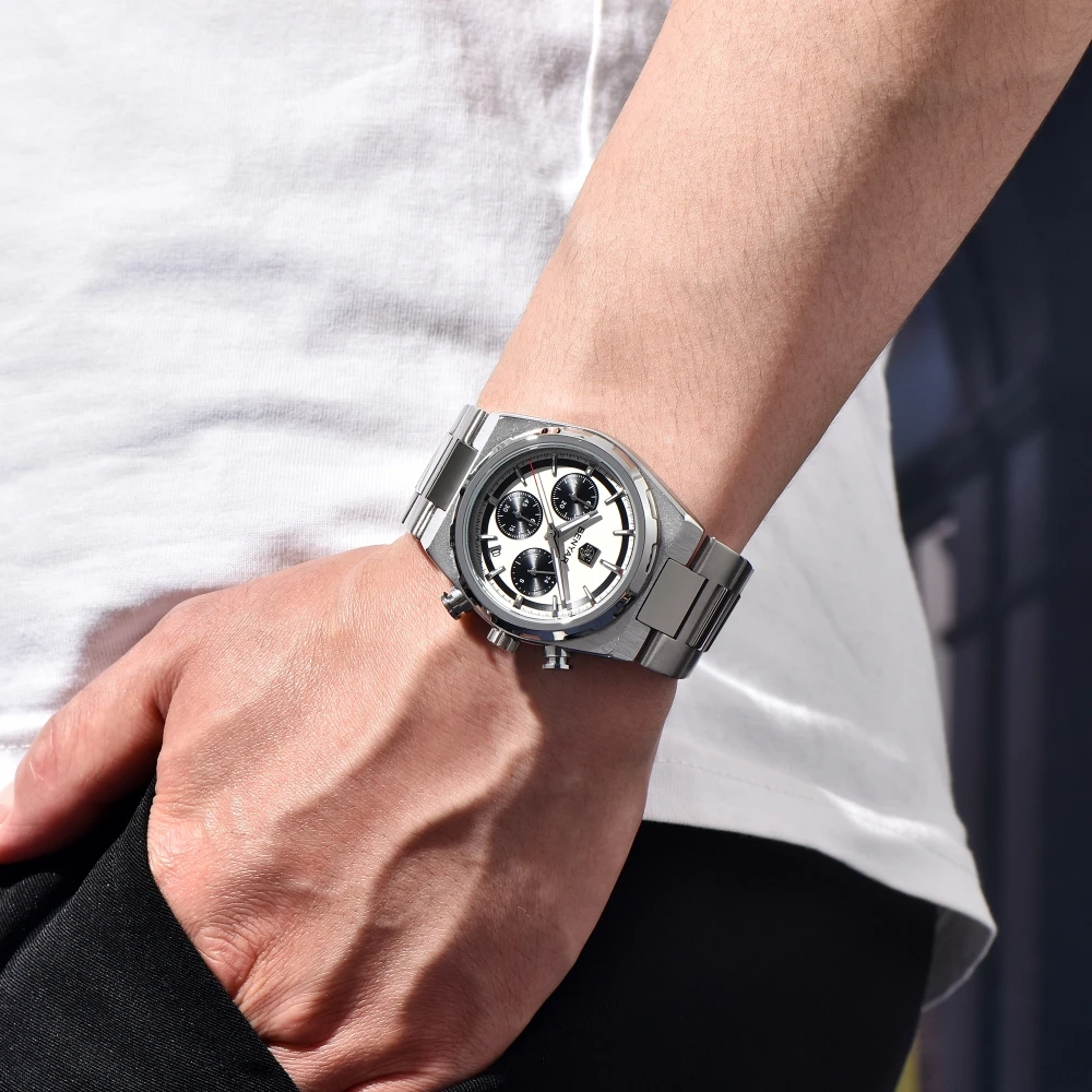 BENYAR 2024 New 40MM Multi Time Zone Three Eye Timing Luxury Men's Quartz Watch Stainless Steel Men's Quartz Watch Chronograph 5