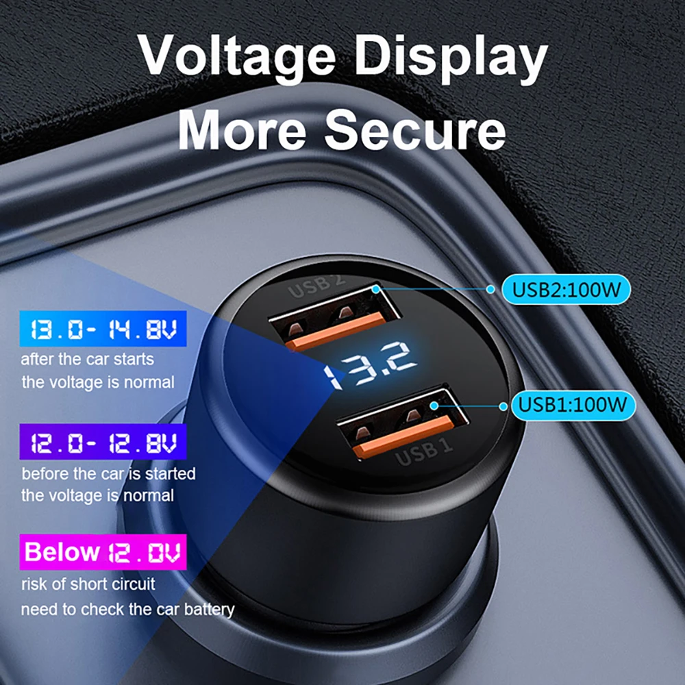EONLIN Dual USB 200W USB Super VOOC Car Charger Voltage Display QC3.0 USB 100W 66W SuperCharge for Huawei Honor VIVO OPPO Xiaomi