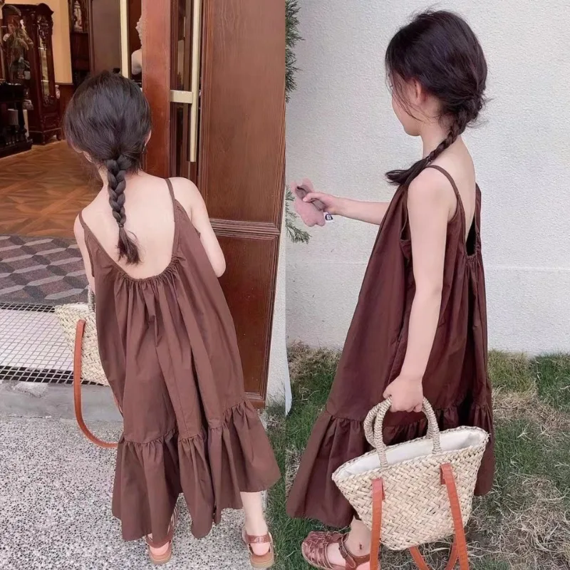 

2024 Girls' Camisole Dress For Summer New Bohemian Beach Dress Children Holiday Style Dress Strap Sleeveless Solid Color