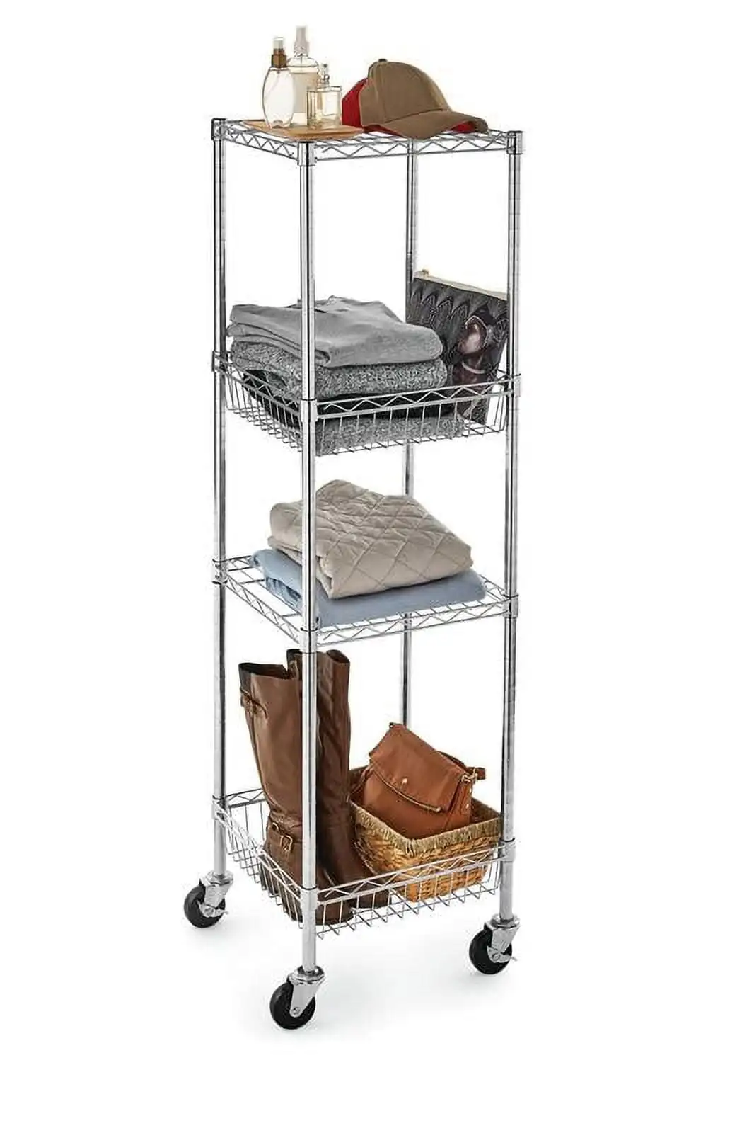 

4 Shelf Steel Wire Shelving Tower with Caster 16"Dx16"Wx57.4"H, Chrome