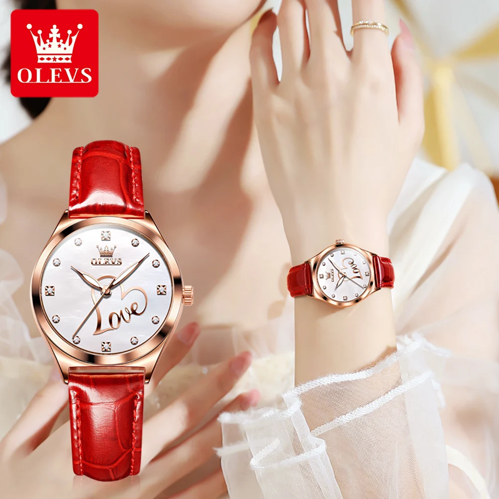 

OLEVS 5580 Quartz Watch Women Top Brand Luxury Elegant Diamond Love Design Leather Luminous Hands Waterproof Wristwatch Gifts