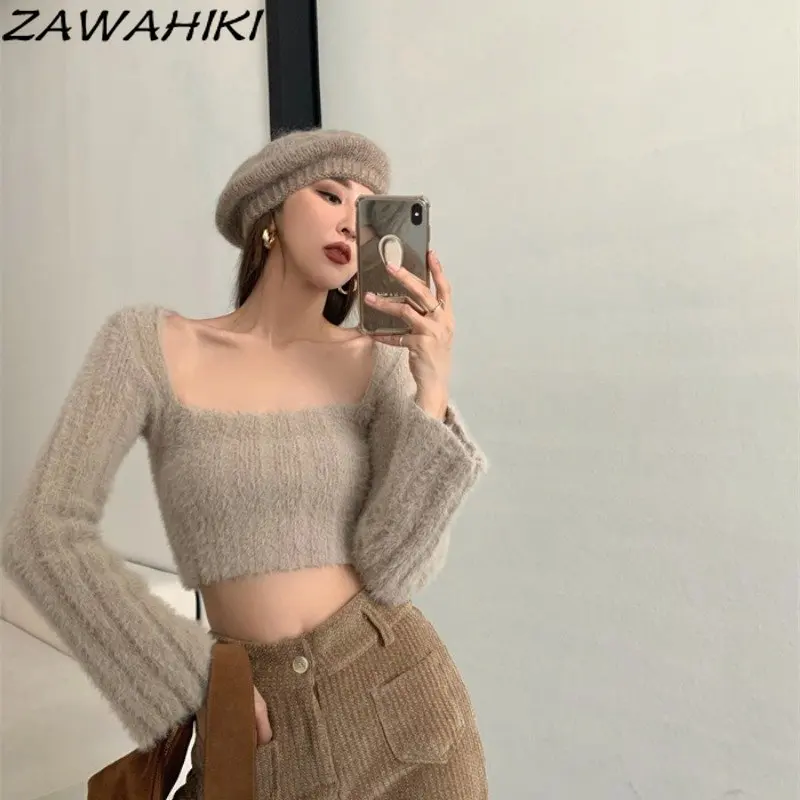 

Slim Sexy Square Collar Long Sleeve Crop Top Women Knitted Solid Color Spring Autumn Y2K Aesthetic Fairy Grunge Pullovers Mujer
