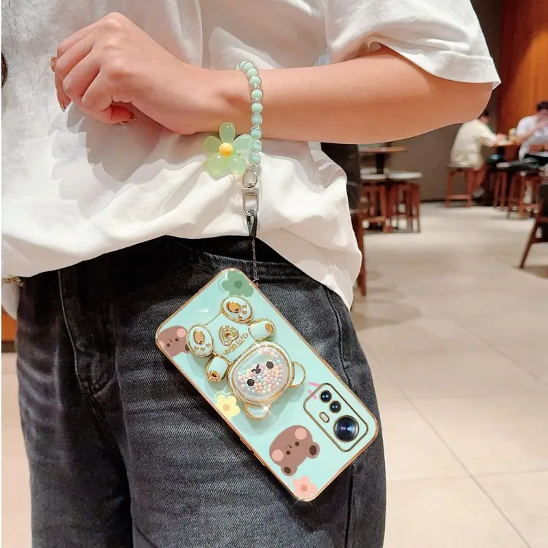 Floral Lanyard Phone Holder Case with Cute Bear and Stand Cover