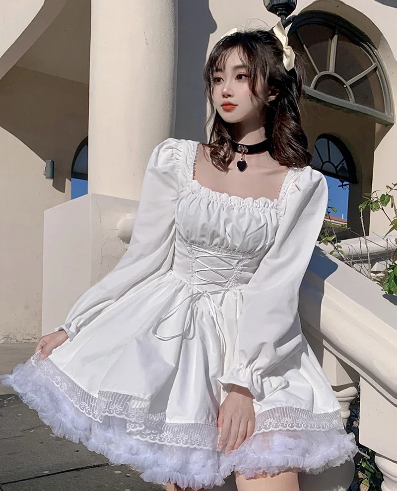 

Sweet Puff Sleeve Dress Women Y2K Square Neck Kawaii Lace Trim Partywear Lolita Cute White Princess Dress Elegant Party Dresses