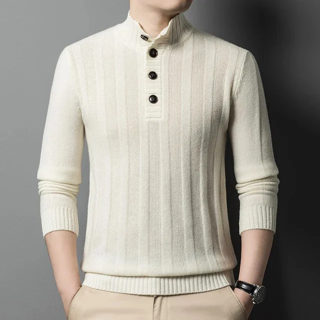 thumbnail image 1 of Suéter de lana de cuello medio con botones, grueso y cálido, nuevo, para hombre, jersey de marca de negocios para otoño e invierno, 1 of 5