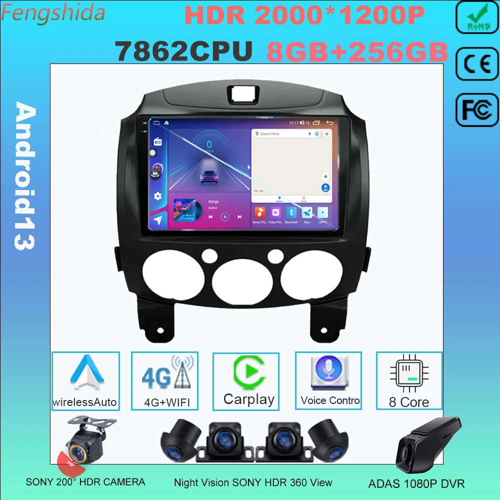 

For Mazda 2 DE 2007-2014 Multimedia Car Android13 Monitor Screen Player Autoradio Navigation 7862 CPU GPS Player Stereo Radio