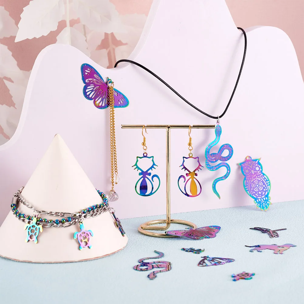 Kissitty 36Pcs Animal Ion Plating Stainless Steel Filigree Pendants Laser Cut Charm for Necklace Earring Bracelet Jewelry Making