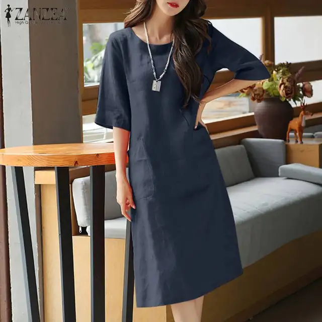 2024 ZANZEA Summer O Neck Half Sleeve Sundress Women Vintage Solid