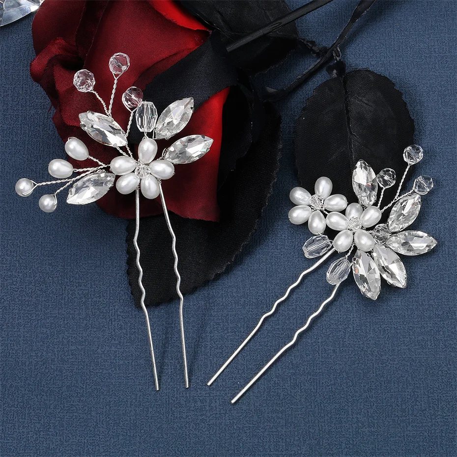Efily Bridal Wedding Hair Accessories 2pcs/lot Crystal Pearl Hair Pin Forks Rhinestone Hairpins Bride Headpiece Jewelry Gift