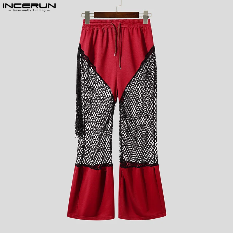 Fashion Casual Style Men's Trousers INCERUN Mesh Splicing Hollow Perspective Long Pant Streetwear Male Drawstring Pantalons 2025 5