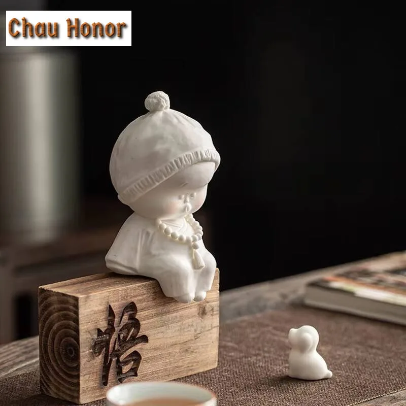 Boutique White Porcelain Tea Pet Figure Statue Handmade Ceramics Small Monk Ornaments Tea Set Decoration Accessories Crafts Gift