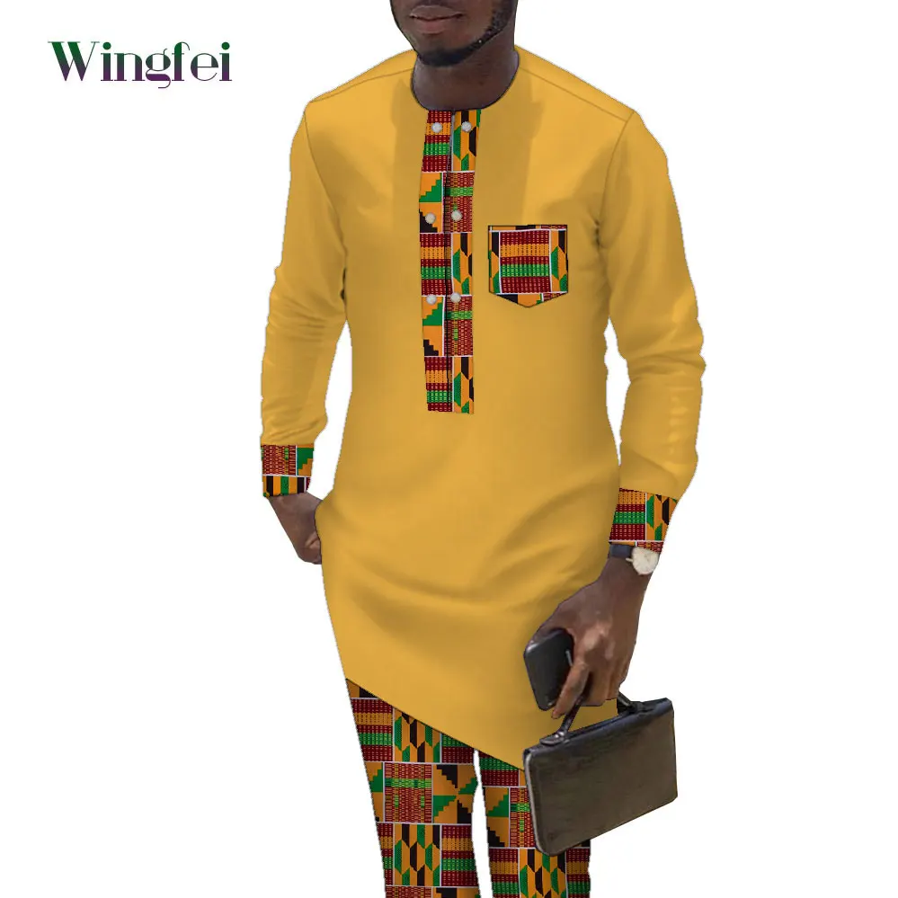 African Clothes for Men Dashiki Suits 2 Pcs Set Patchwork Long Sleeve Shirt and Trousers Casual African Party Outfit WYN1351