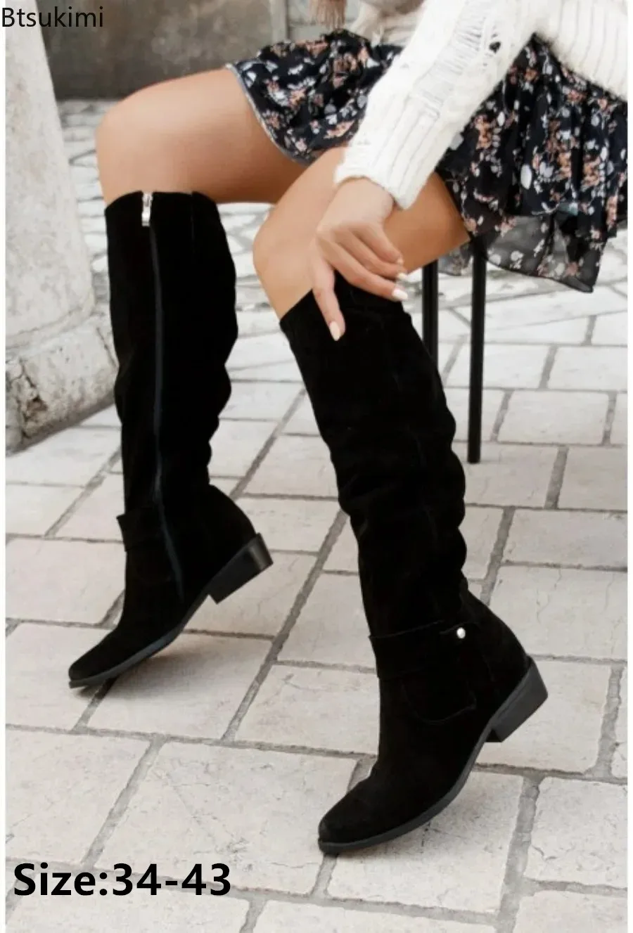 2024Women's Long Boots Low Heel Zipper Ladies High Boots Suede Pointed Toe Fashion Retro Solid Knight Modern Shoes Bota Feminina