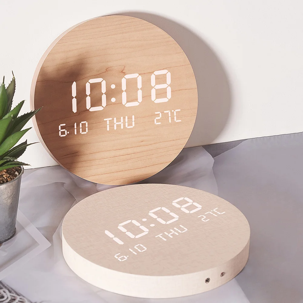 Digital Wall Clock LED Temperature Date Time Multi-function Display Wood Silent Alarm For Bedroom LivingRoom Hanging