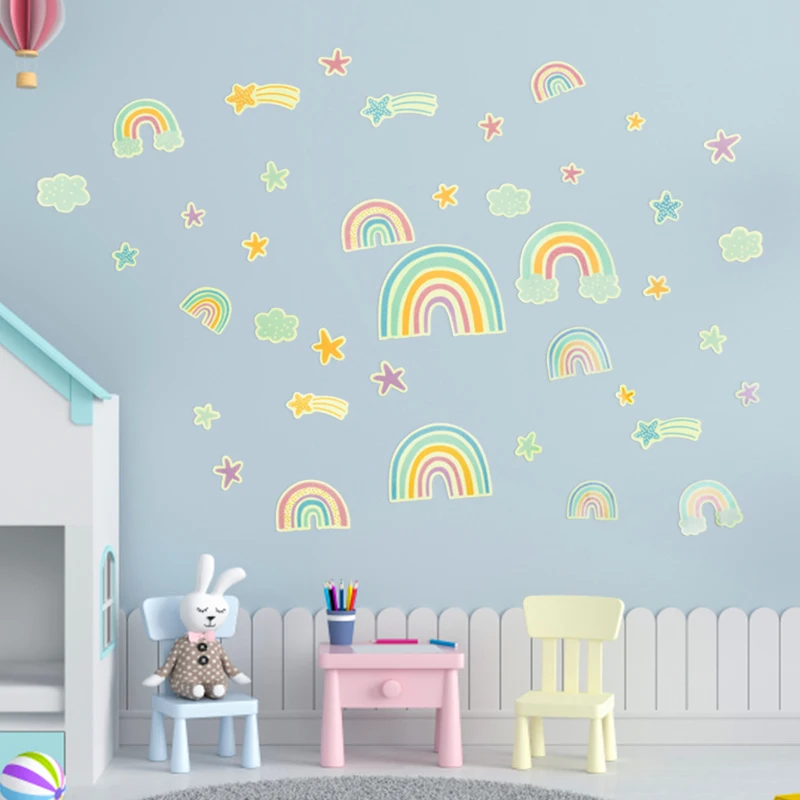 Cartoon Rainbow Luminous Wall Stickers Glow In The Dark Cloud Heart Star Wall Decals for Home Baby Kids Room Nursery Decorations