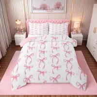 Cute Pink Bow Twin Bedding Set for Girls,Ribbon Bow Knot Comforter Set for Kids Kawaii Room Decor,Princess Bowknot Bed Set Girly