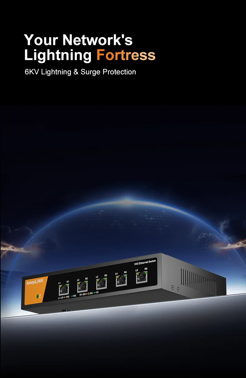 S6237a9270bc14986937ee825e17259dbo KeepLiNK 5 Port 10Gb Unmanaged Ethernet Switch Desktop/Wall-Mount Plug and Play Sturdy Metal Casing