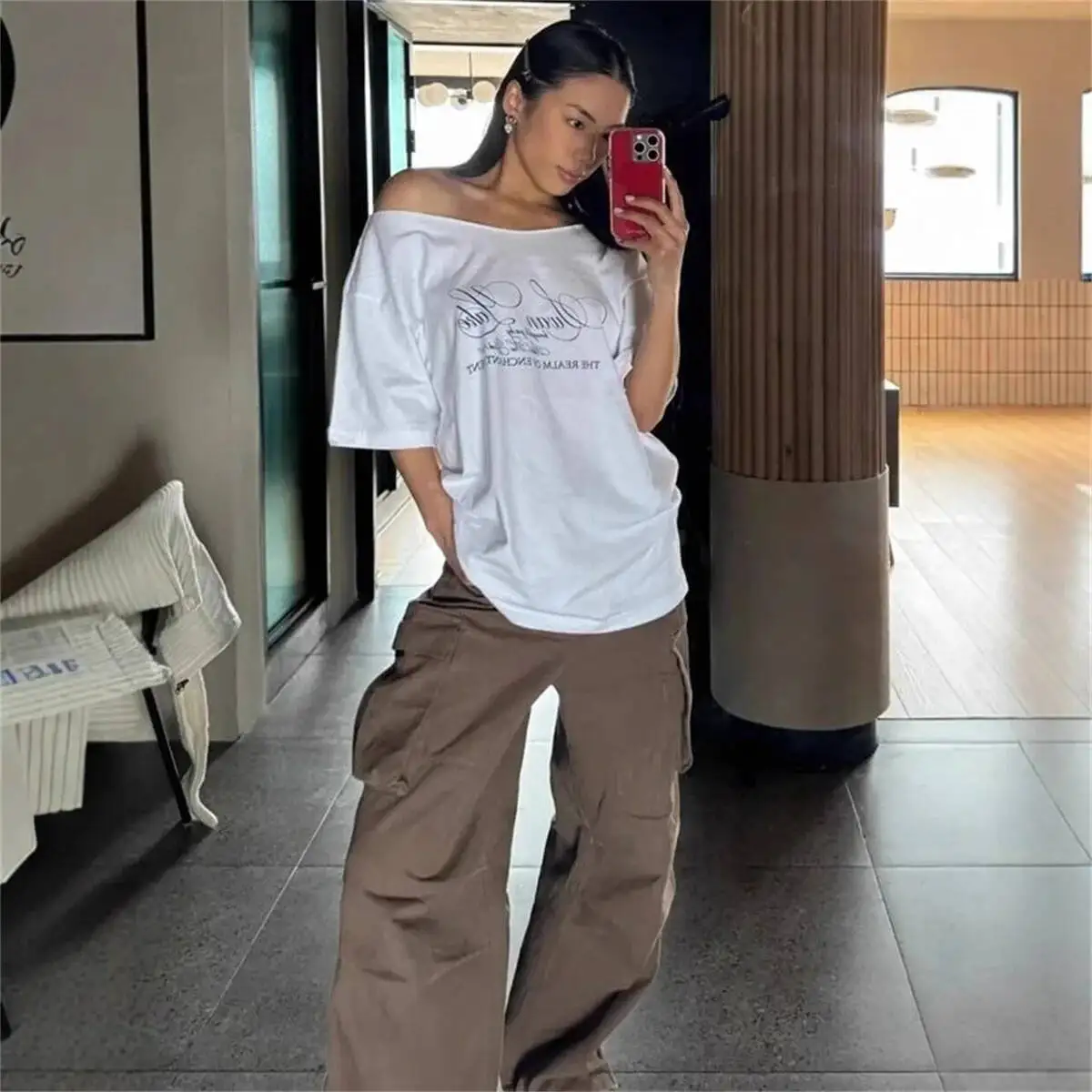 New Relax Woman T-shirt Letter 2025 Women Oversized One Shoulder Tops Versatile Street Atmosphere Style Fashionable Tops