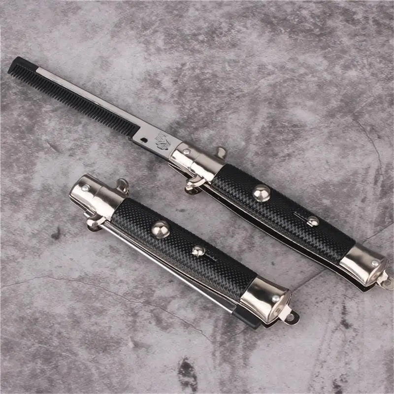 Switch blade comb automatic push button folding barber comb portable metal spring jump brush mens pocket salon beauty tool