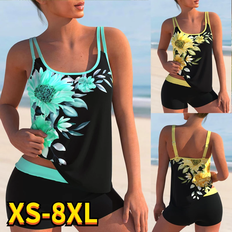 

New 2022 Women Summer Beachwear Swim Tankini Monokini Swimwear Bathing Suit Two Pieces Bikini Floral Printed Swimsuits